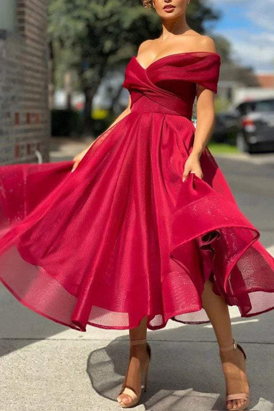 Off Shoulder Burgundy Tulle Prom Dress, Burgundy Bridesmaid Dresses GP280