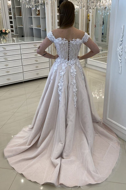 Off Shoulder Champagne Lace Long Prom Dresses,Sexy Formal Dress,Floor Length Evening Dress