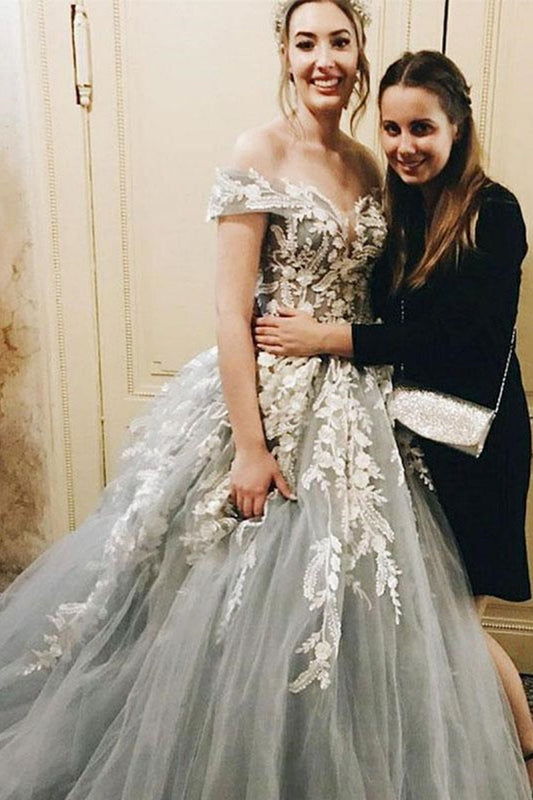 Off Shoulder Gray Lace Long Prom Dresses, Princess Tulle Formal Dresses, GP187