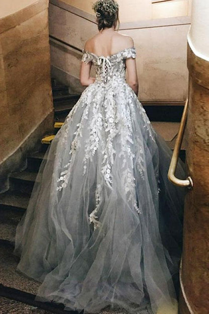 Off Shoulder Gray Lace Long Prom Dresses, Princess Tulle Formal Dresses, GP187