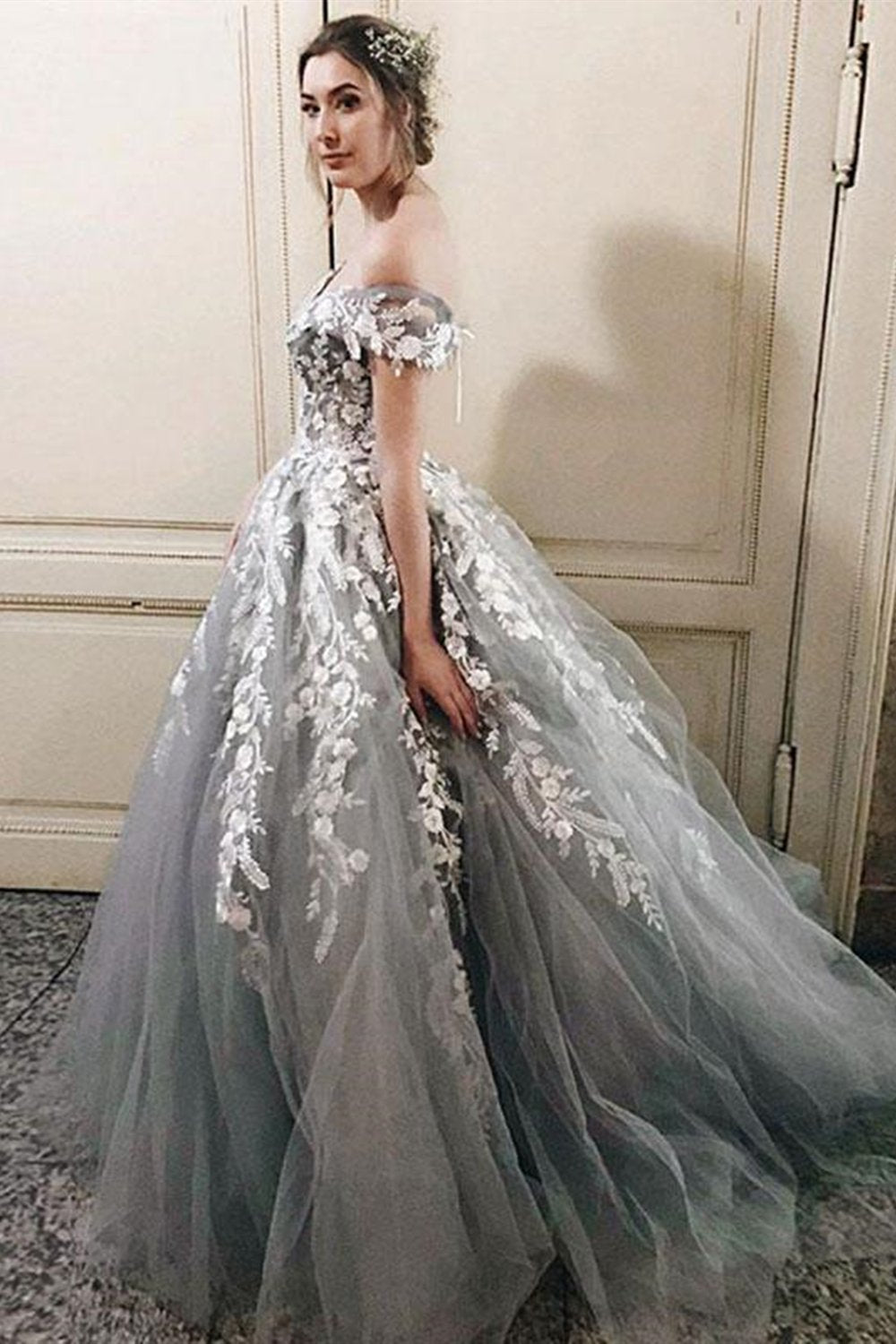 Off Shoulder Gray Lace Long Prom Dresses, Princess Tulle Formal Dresses, GP187
