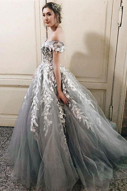 Off Shoulder Gray Lace Long Prom Dresses, Princess Tulle Formal Dresses, GP187