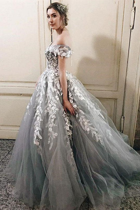 Vestidos de fiesta largos de encaje gris con hombros descubiertos, vestido formal de tul princesa