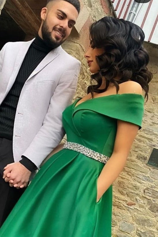 Vestido de fiesta largo de satén verde con hombros descubiertos y cinturón, vestido de noche formal de graduación, vestidos de gala