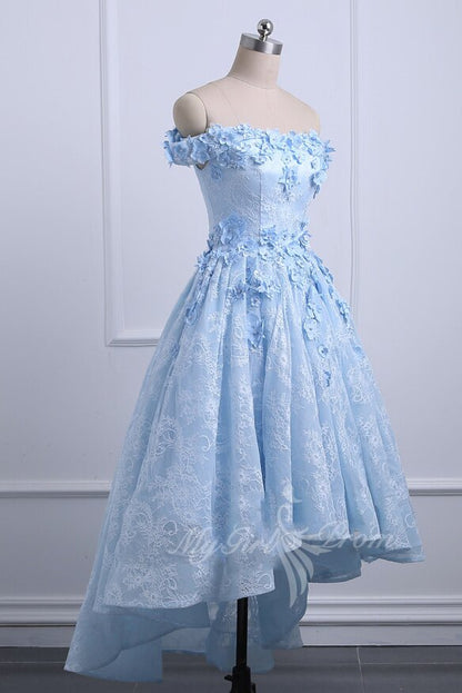 Off Shoulder High Low Light Blue Lace Homecoming Dresses Appliqued Prom Dress GP520