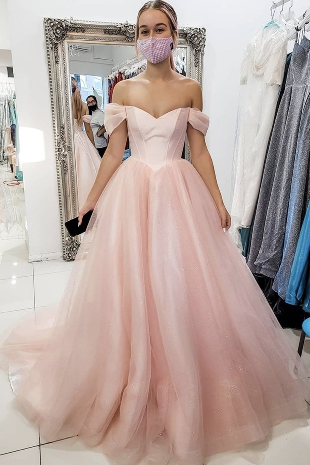 Pink Tulle Princess Long Prom Dress, Off the Shoulder Formal Dress GP140