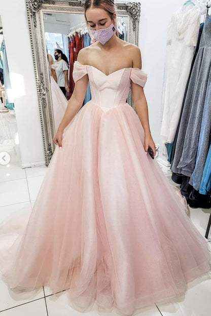 Pink Tulle Princess Long Prom Dress, Off the Shoulder Formal Dress GP140