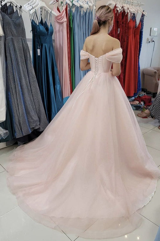 Pink Tulle Princess Long Prom Dress, Off the Shoulder Formal Dress GP140