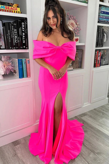Off Shoulder Satin Bowknot Mermaid Prom Dress, Slit Long Formal Gown GP688