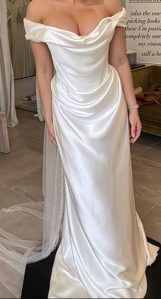 Off The Shoulder Ivory Mermaid Satin Wedding Dress,AST1766
