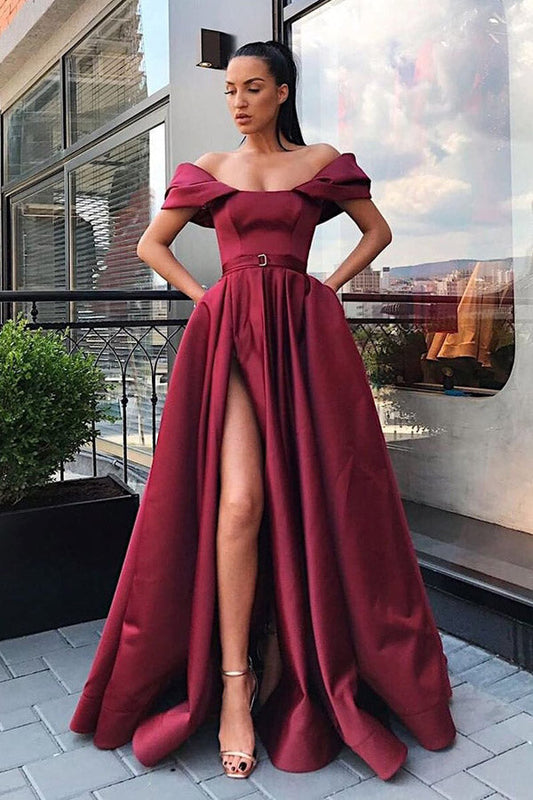 Burgundy Off The Shoulder Satin Long Prom Dress With Split,WP351