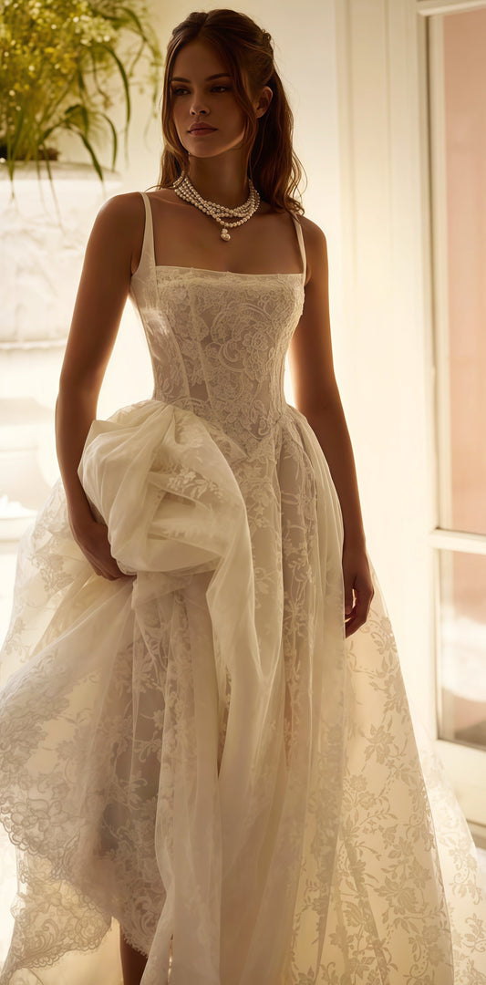 Off White Lace A-line Wedding Gown, Sleeveless Bridal Dress,AST1758