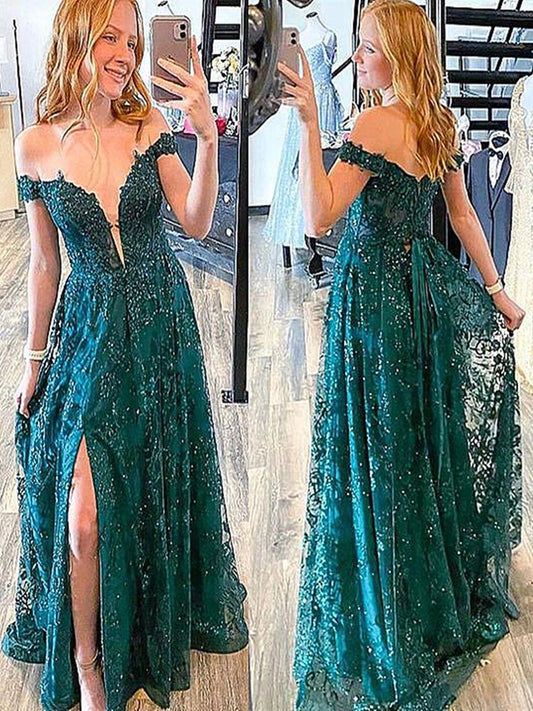 Off the Shoulder Green Lace Floor-Length Prom Dresses With Split, GP218