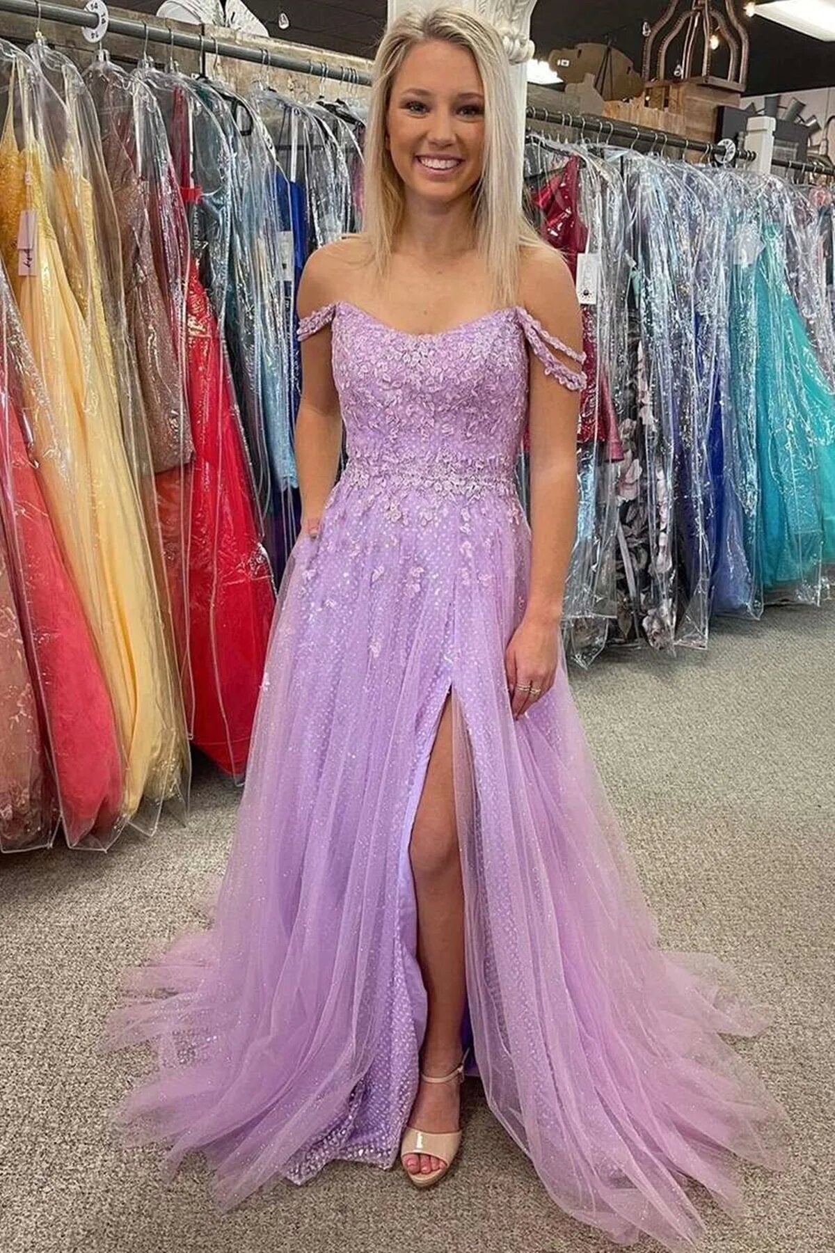Off the Shoulder Lilac Long Prom Dresses, Glitter Formal Evening Dresses GP109