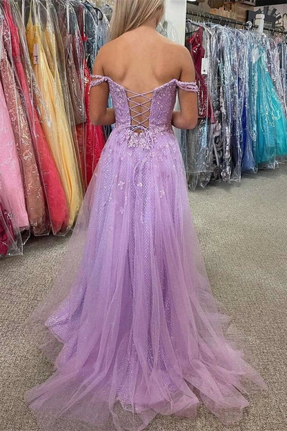 Off the Shoulder Lilac Long Prom Dresses, Glitter Formal Evening Dresses GP109