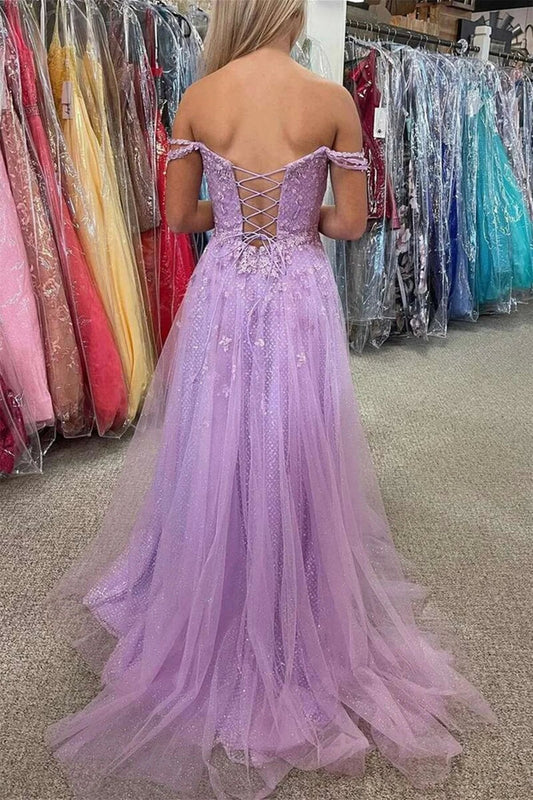 Off the Shoulder Lilac Long Prom Dresses, Glitter Formal Evening Dresses GP109
