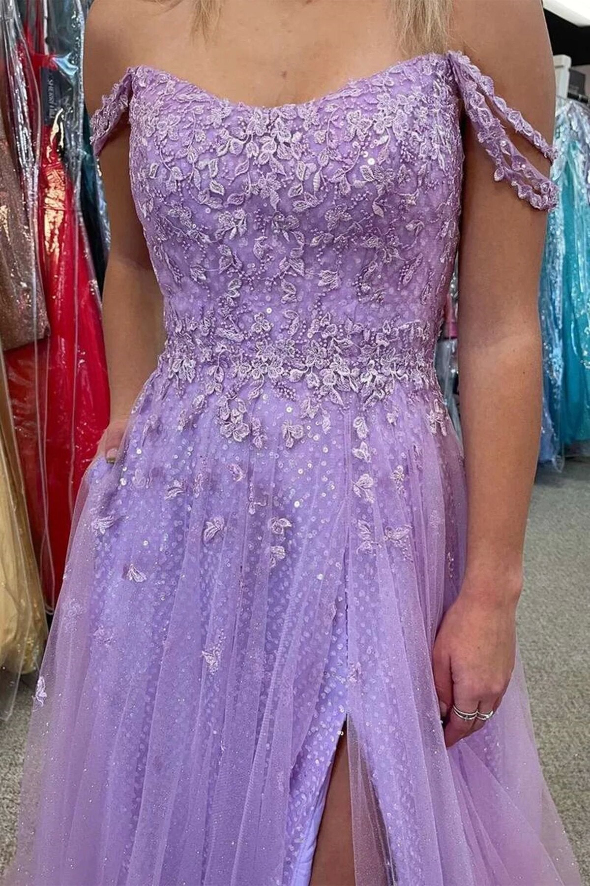 Off the Shoulder Lilac Long Prom Dresses, Glitter Formal Evening Dresses GP109