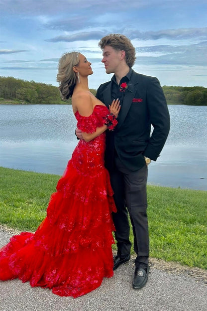 Vestido largo de sirena con lentejuelas rojas y capas, con aberturas para fiesta
