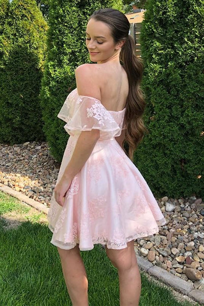Off the Shoulder Short Pink Lace Prom Dresses, Off Shoulder Short Pink Lace Graduation Homecoming Dresses