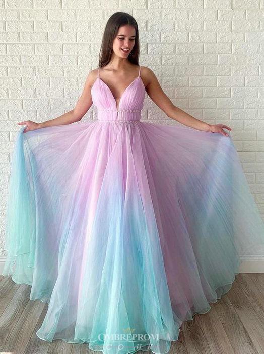 A-line Ombre Long Prom Dress V-neck Beaded Graduation Gown GP45