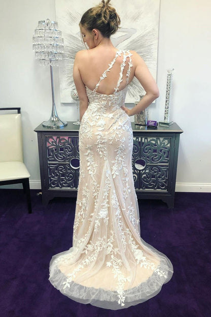 One Shoulder Tulle Lace Long Prom Dress with High Slit, Lace Formal Graduation Dress GP413
