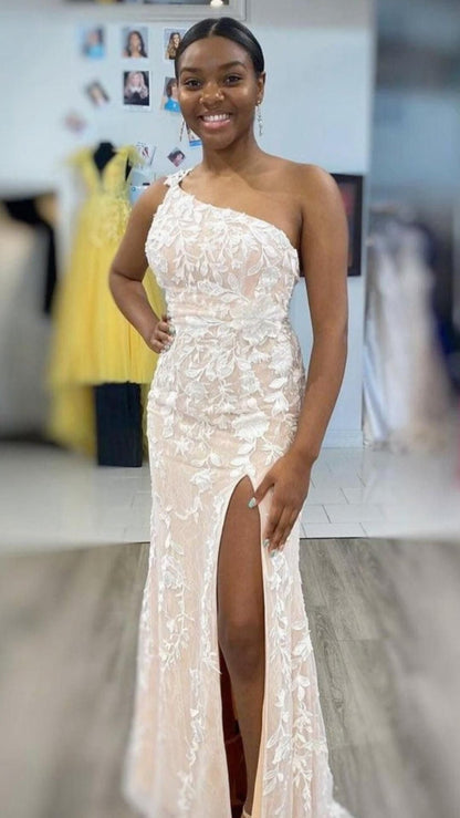 One Shoulder Tulle Lace Long Prom Dress with High Slit, Lace Formal Graduation Dress GP413