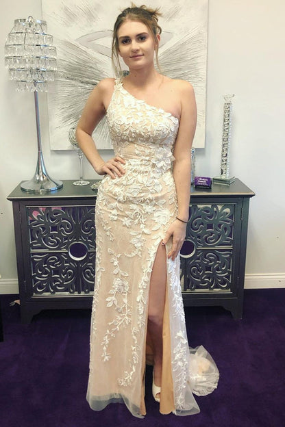 One Shoulder Tulle Lace Long Prom Dress with High Slit, Lace Formal Graduation Dress GP413