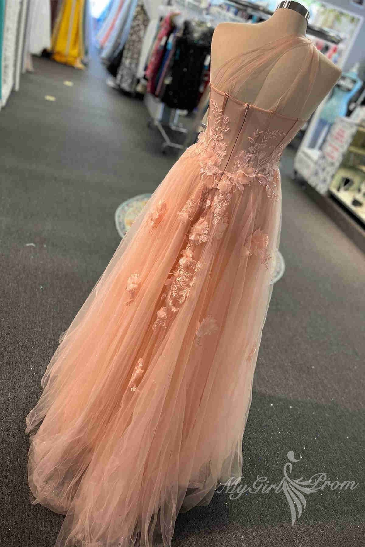 One Shoulder Lavender Prom Dresses With Appliques, Tulle Graduation Dresses With Split GP460