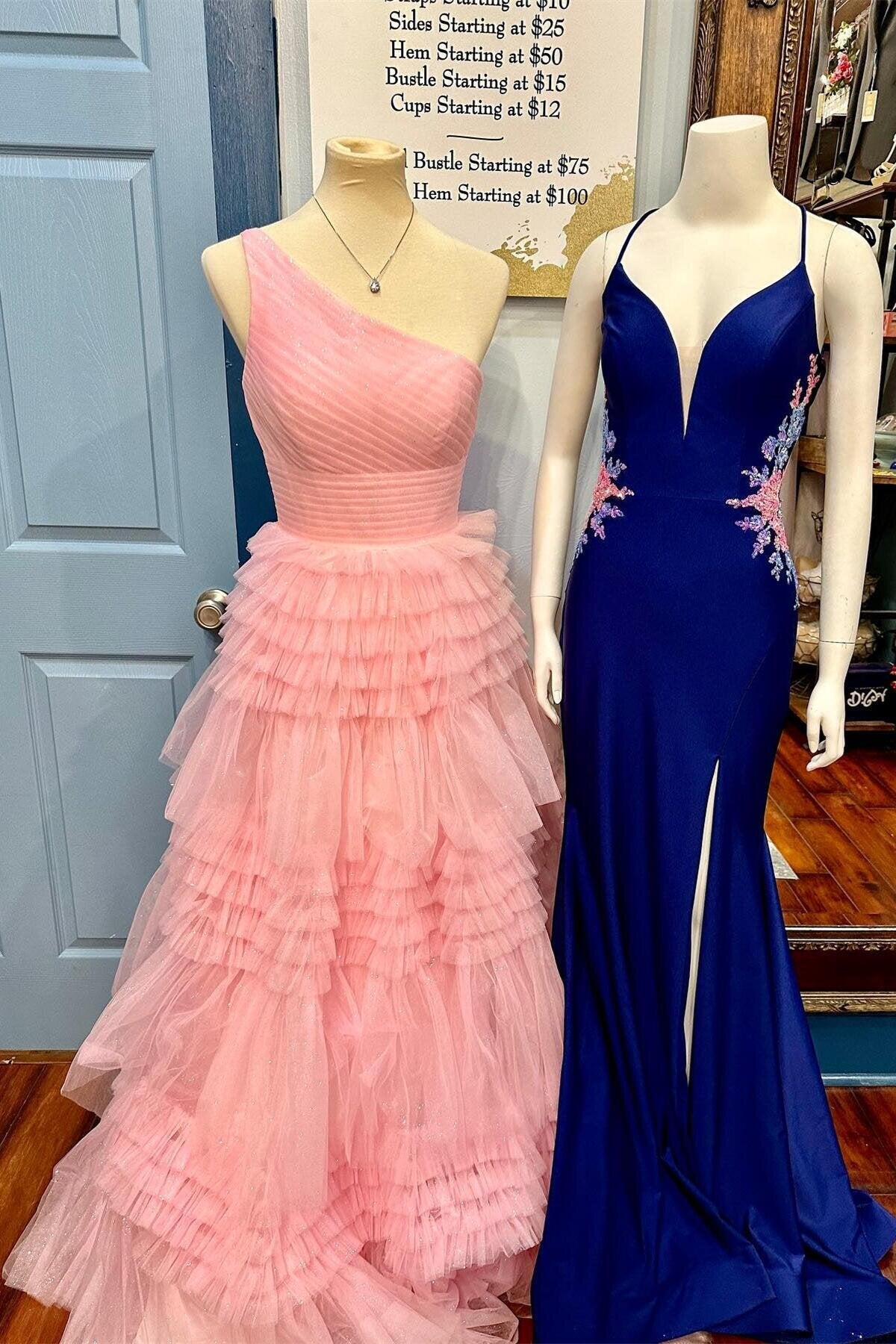 One Shoulder Pink Tulle Long Prom Dresses, Glitter Tiered Formal Gown GP644