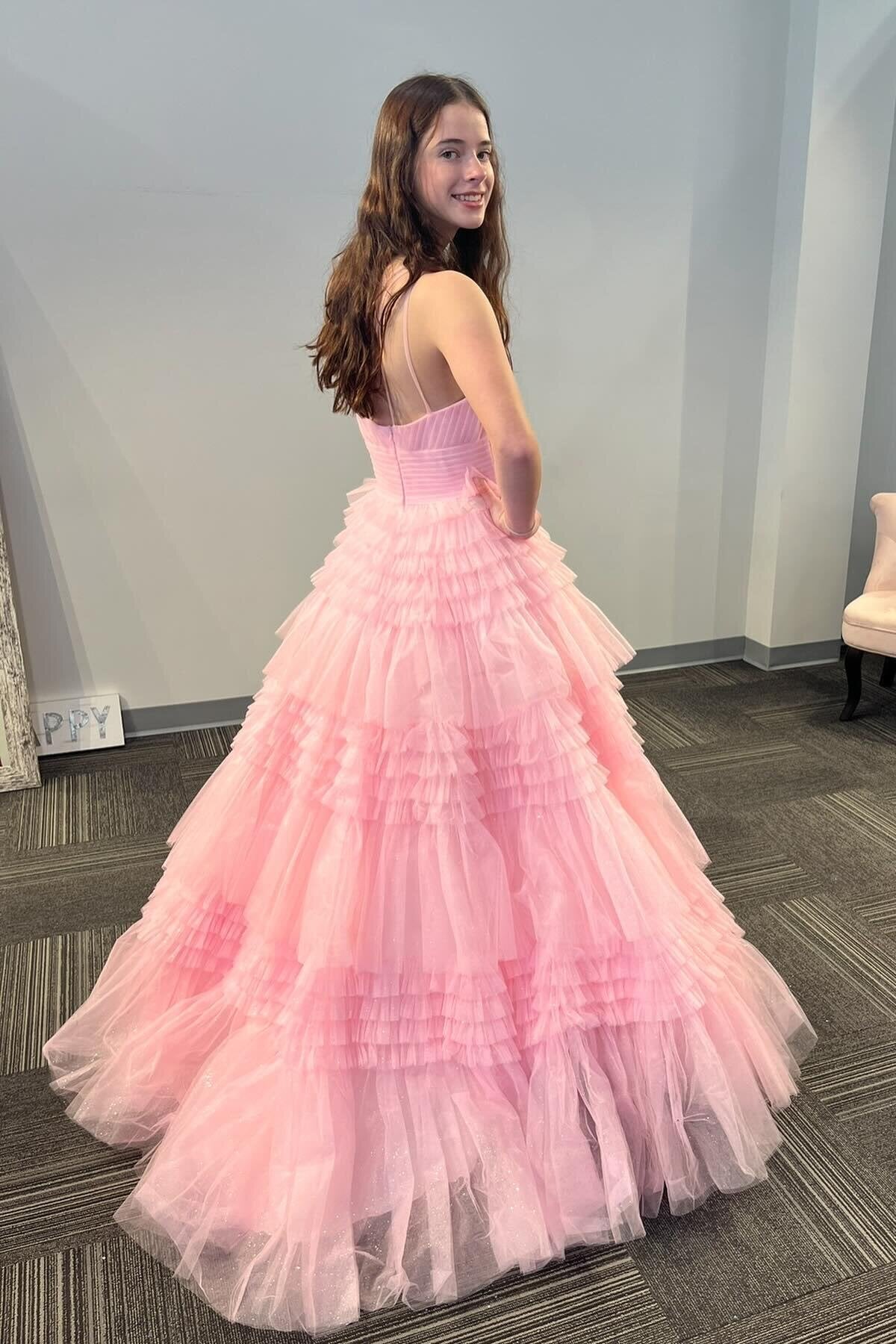 One Shoulder Pink Tulle Long Prom Dresses, Glitter Tiered Formal Gown GP644