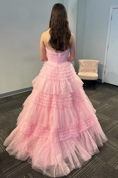 One Shoulder Pink Tulle Long Prom Dresses, Glitter Tiered Formal Gown GP644