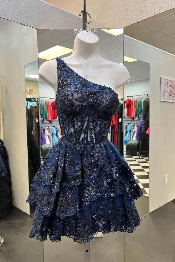 Charming Navy Blue Lace Sequined Appliqued Design A-line Mini Homecoming Dress TP3604