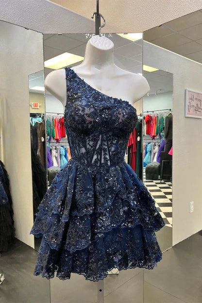 Charming Navy Blue Lace Sequined Appliqued Design A-line Mini Homecoming Dress TP3604