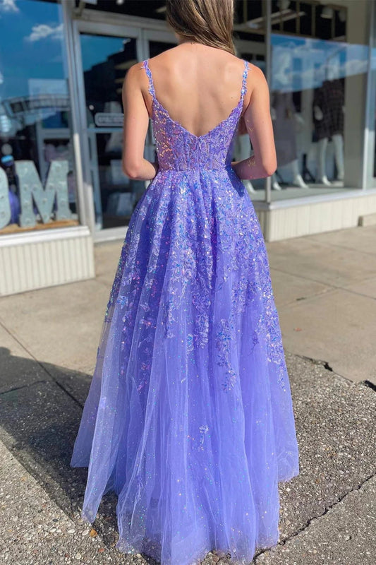 Tulle Long Slit Prom Dresses with Sequins, Lavender Evening Dresses GP540
