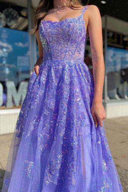 Tulle Long Slit Prom Dresses with Sequins, Lavender Evening Dresses GP540