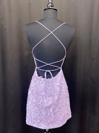 Vestidos cortos de fiesta de encaje lavanda, vestido Hoco sin espalda