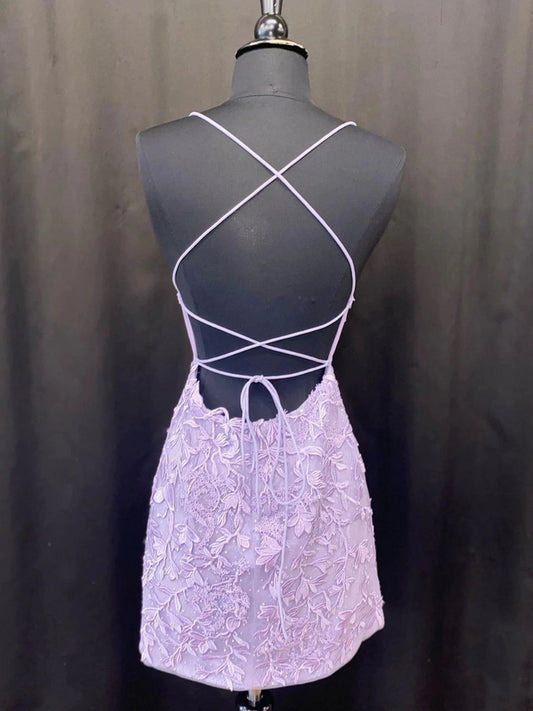 Vestidos cortos de fiesta de encaje lavanda, vestido Hoco sin espalda