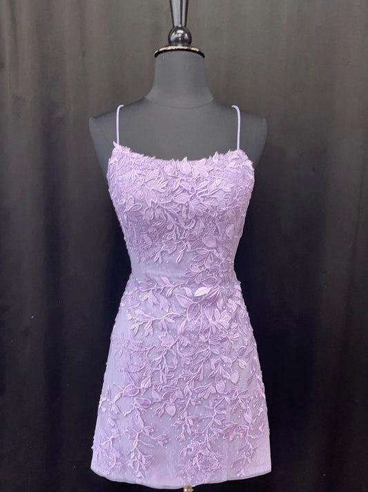 Vestidos cortos de fiesta de encaje lavanda, vestido Hoco sin espalda