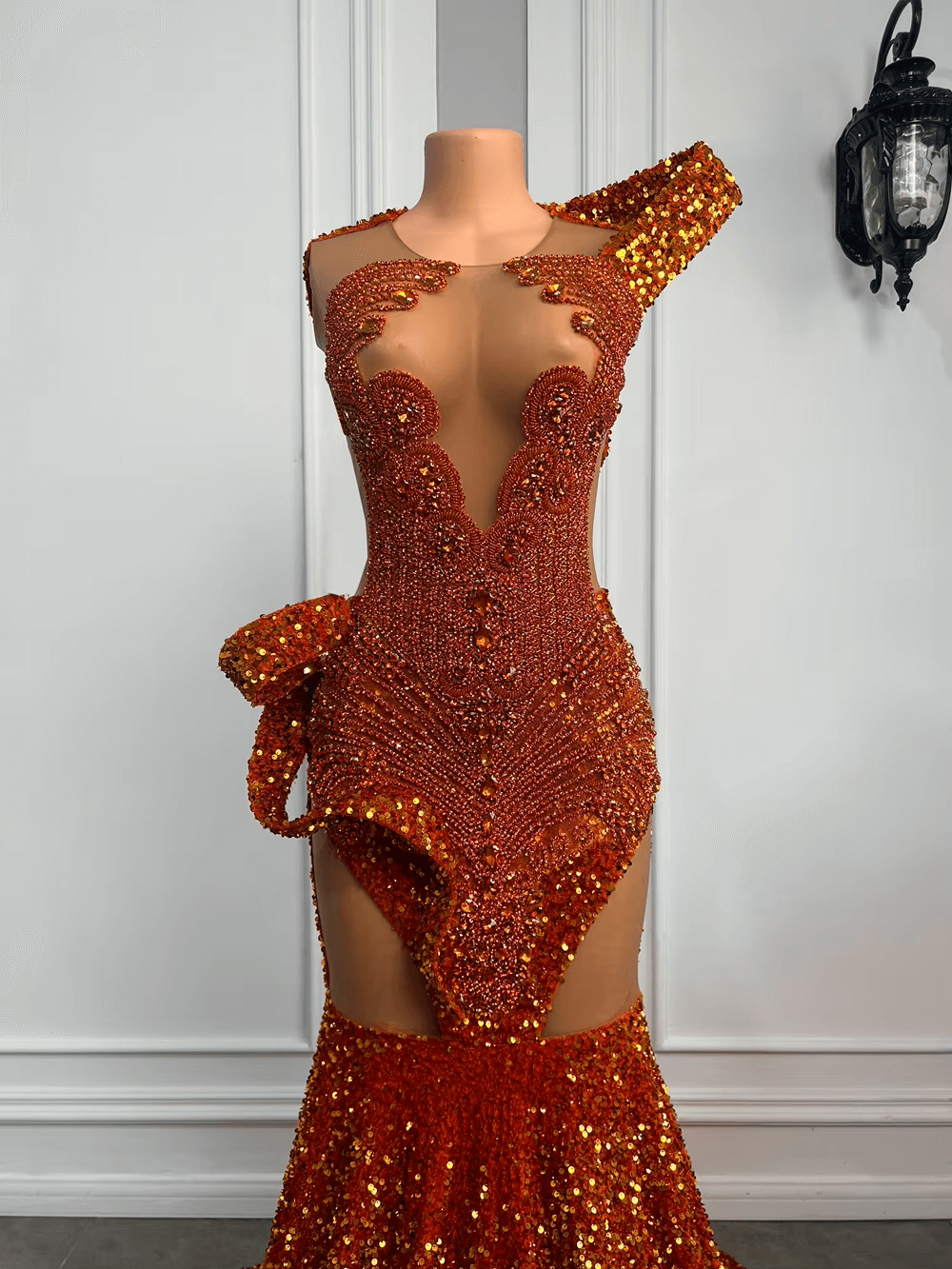 Vestido de fiesta naranja brillante, estilo sirena, largo y formal, elegante