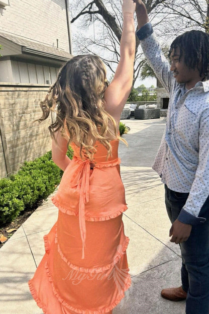 Pink Ruffles Tiered Slit Prom Dress A-Line Formal Gown with Lace-up Back GP797