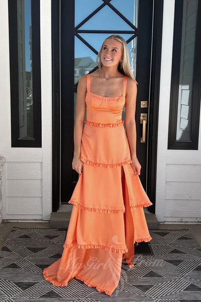 Pink Ruffles Tiered Slit Prom Dress A-Line Formal Gown with Lace-up Back GP797