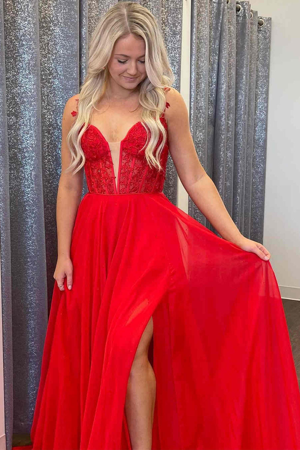 A Line Chiffon Long Prom Dress With Lace Bodice,WP407