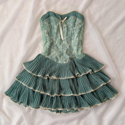 Vintage Green Beaded Design Elegant Sleeveless Strapless Tiered Homecoming Dress TP3509