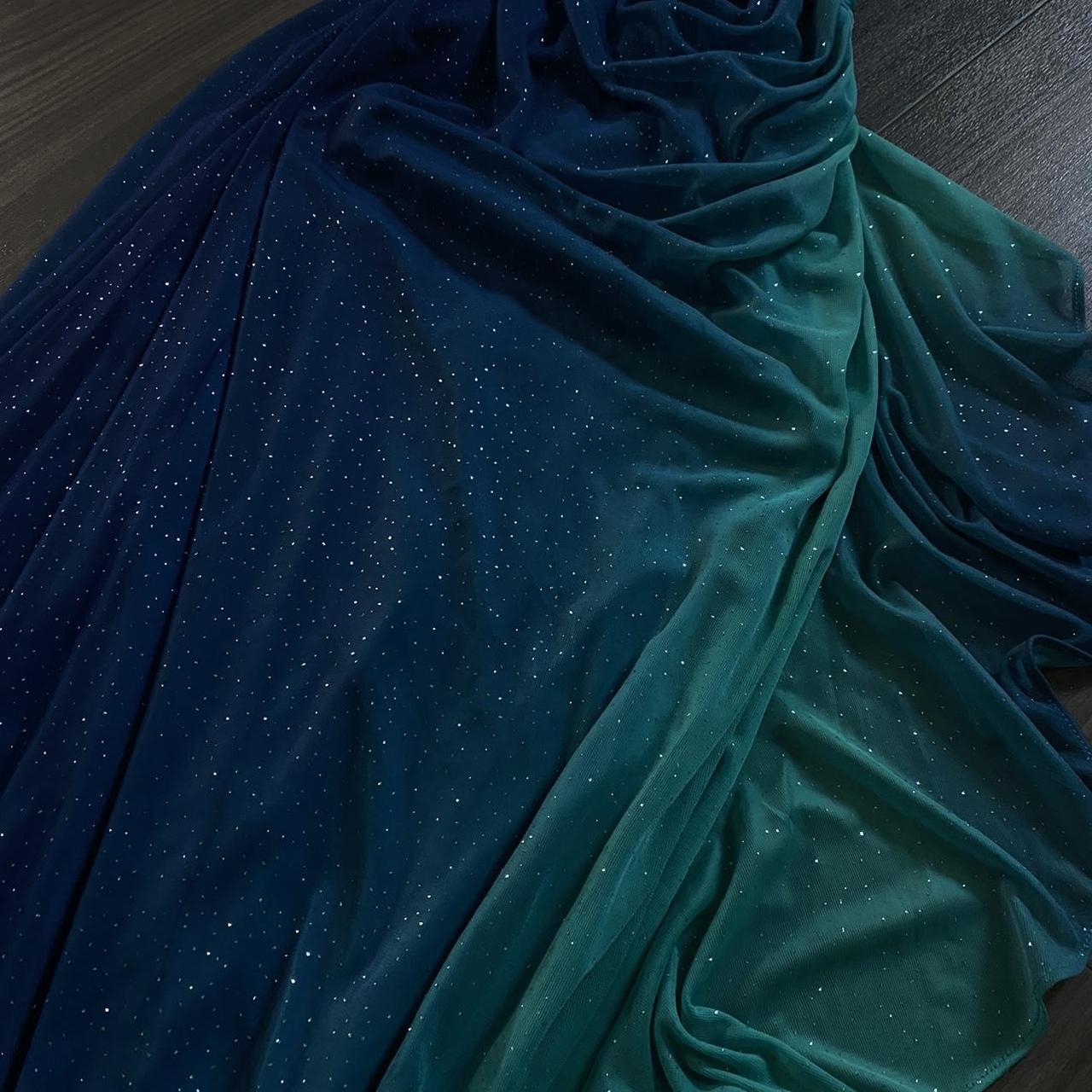 Vestido de noche largo vintage de gasa con degradado azul verdoso brillante y diseño único con tirantes, TP2505