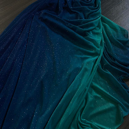 Vestido de noche largo vintage de gasa con degradado azul verdoso brillante y diseño único con tirantes, TP2505