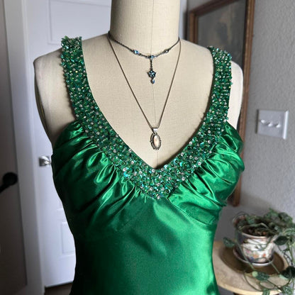 Green Shiny Vintage Fashion Sexy V-neck Rhinestone Bodycon Long Satin Backless Formal Prom Dress Evening Dress Party Dress gh3688