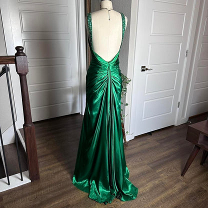 Green Shiny Vintage Fashion Sexy V-neck Rhinestone Bodycon Long Satin Backless Formal Prom Dress Evening Dress Party Dress gh3688
