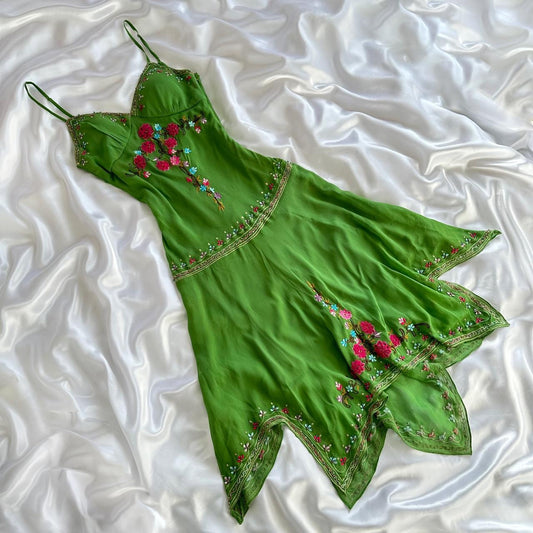 Grass Green Exquisite Floral Embroidery Spring Fairy Retro Fashion Spaghetti Strap Midi satin Ball Gown Evening Dress Birthday Party Dress Prom Dress gh3647