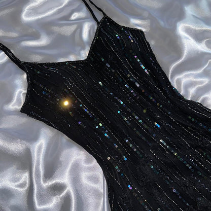Black shiny elegant spaghetti strap sequined long ball gown prom dress evening dress party dress gh3142