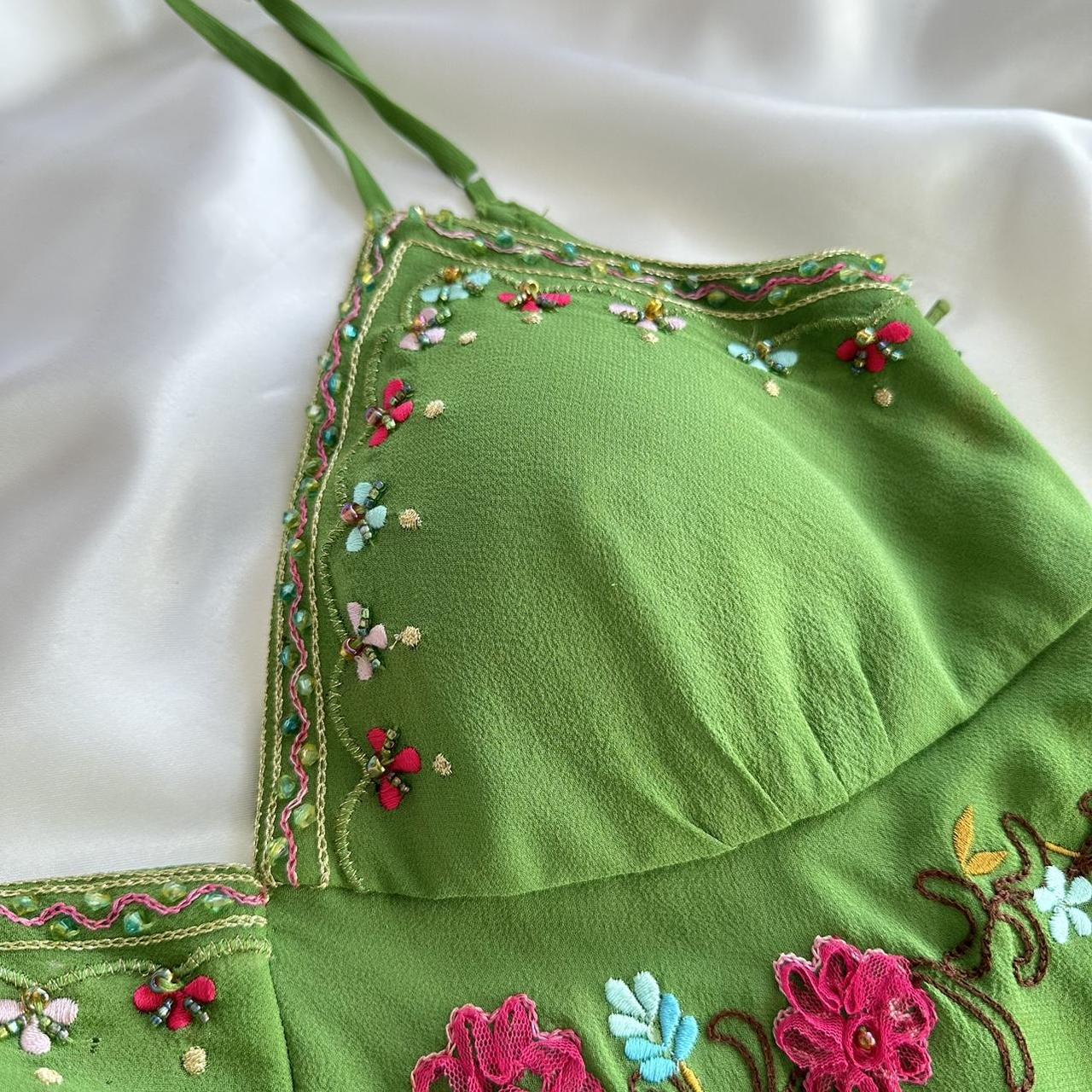 Grass Green Exquisite Floral Embroidery Spring Fairy Retro Fashion Spaghetti Strap Midi satin Ball Gown Evening Dress Birthday Party Dress Prom Dress gh3647